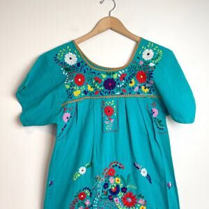 Vintage Oaxacan Mexican Embroidered Dress Huipil Blue Peacock Boho Hippie Floral